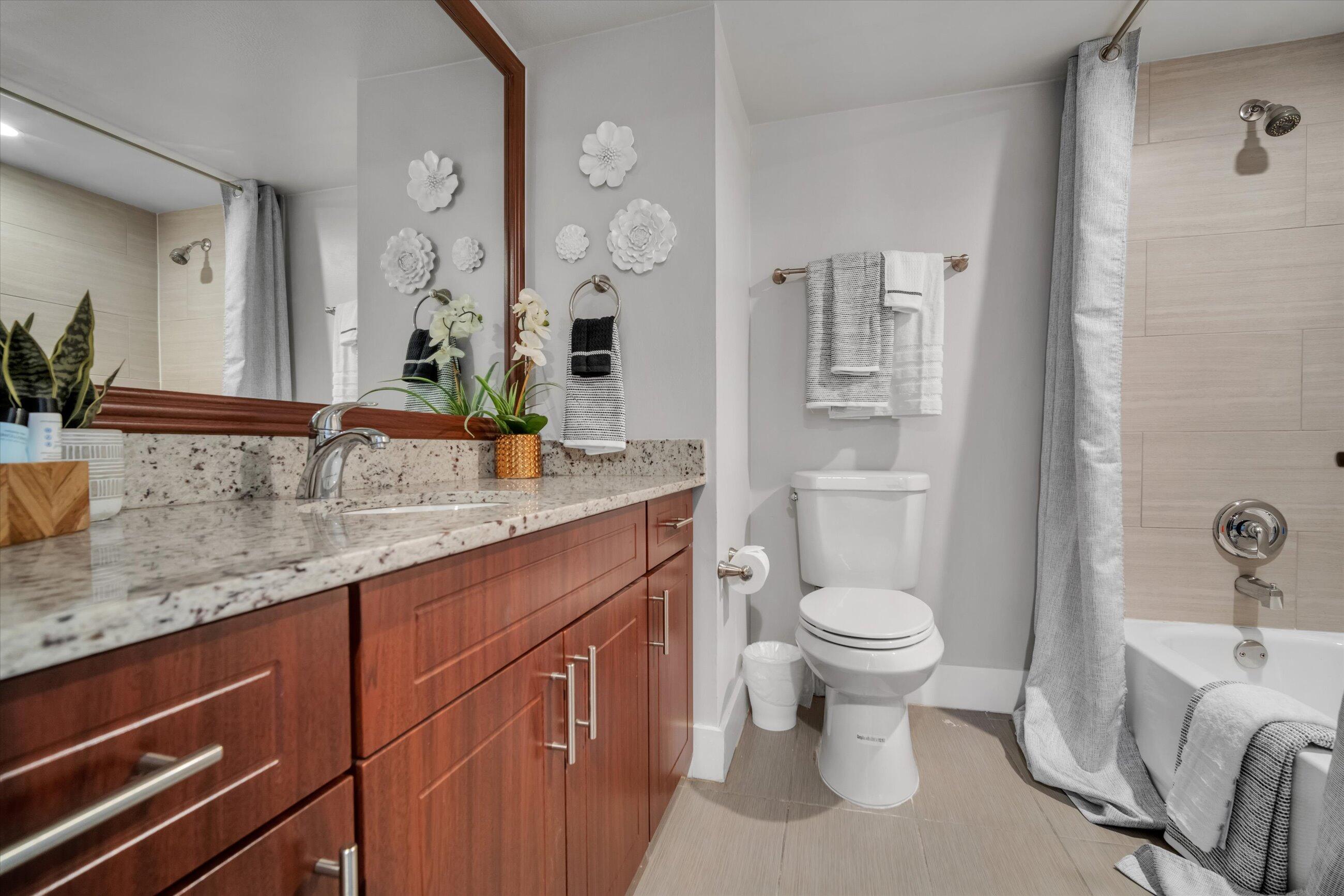 601 North Ocean Boulevard, Unit 203 Boca Raton, FL 33432 - Photo 20 of 20 a bathroom with a granite countertop toilet sink and mirror