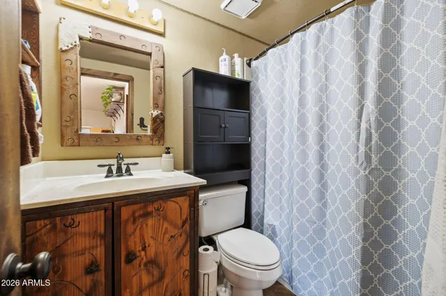 a bathroom with a granite countertop toilet sink and mirror