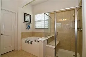 a bathroom with a bathtub and a shower