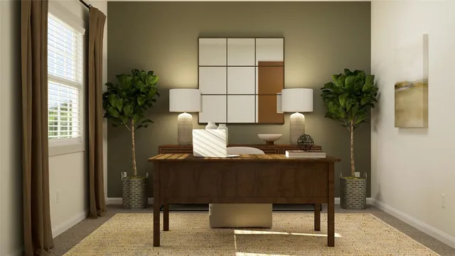 a living room with furniture and a potted plant