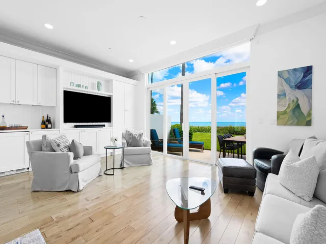 a living room with furniture floor to ceiling window hardwood floor and a flat screen tv