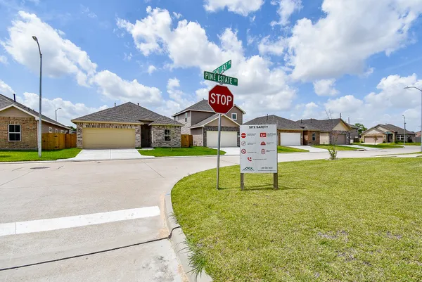 a house view with swimming pool and trees in the background
