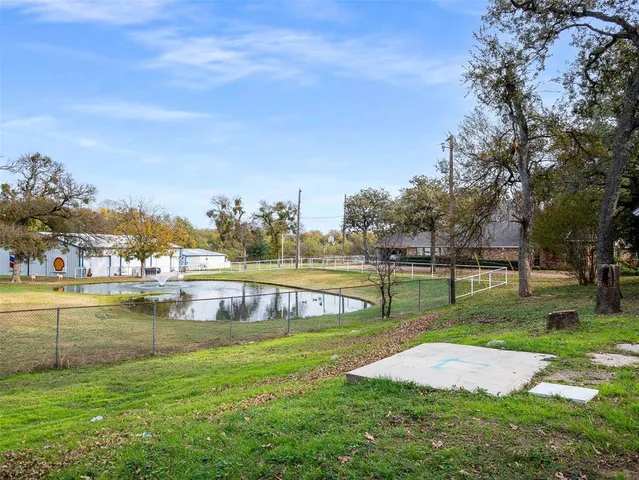 a view of a swimming pool with a yard and a large tree