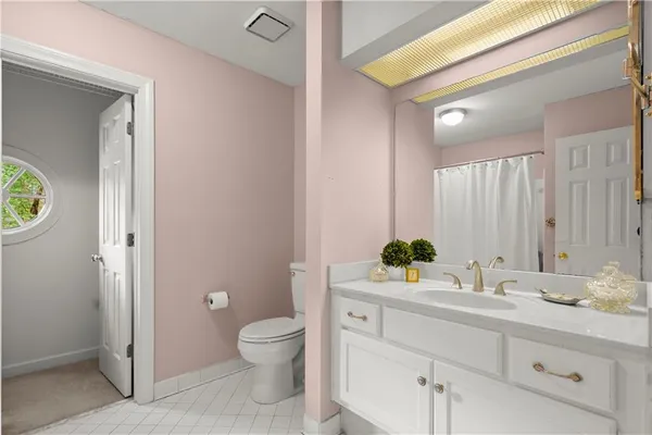 a bathroom with a sink mirror and toilet
