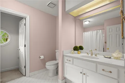 a bathroom with a sink mirror and toilet