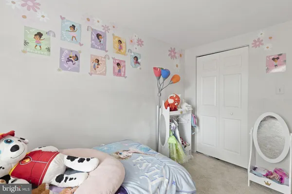 a bedroom with a bed and a closet