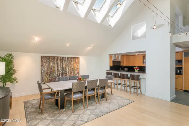 a view of a dining room with furniture