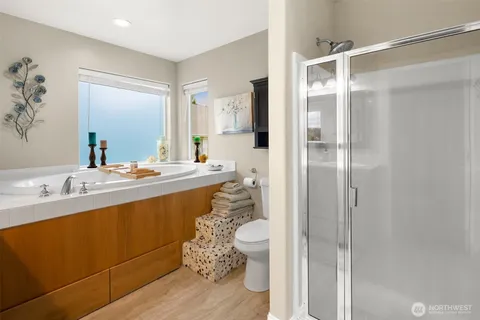 a bathroom with a double vanity sink toilet and shower