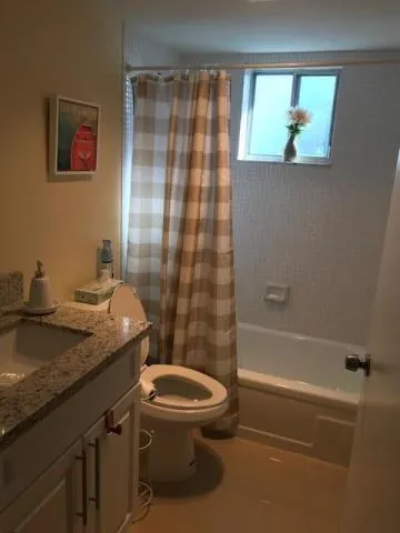 a bathroom with a granite countertop sink a toilet and shower