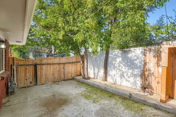 a view of a backyard with wooden fence and large trees