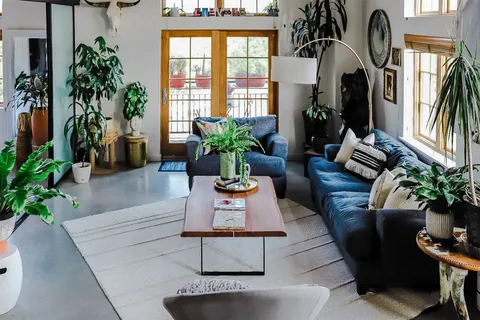 a bedroom with a bed and a plant