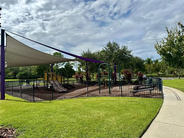 a view of a park with large trees