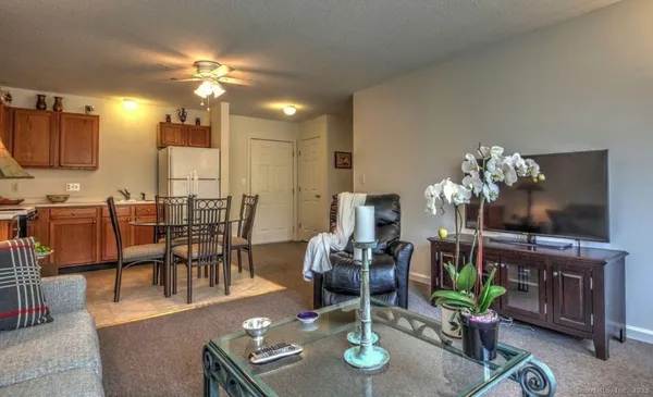 a view of a dining room with furniture