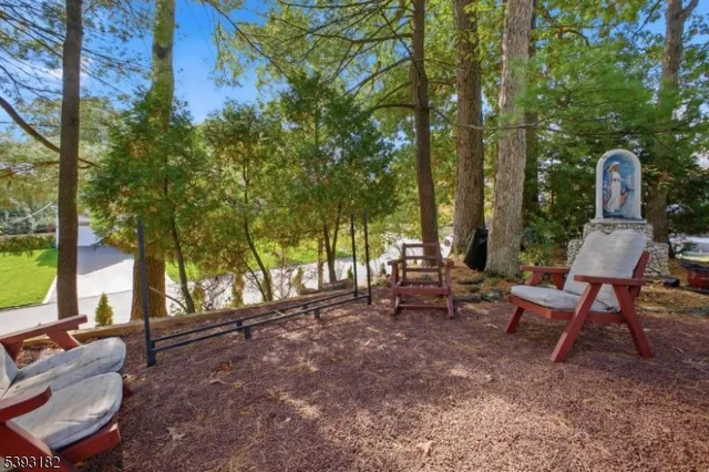a view of a two chairs in a backyard