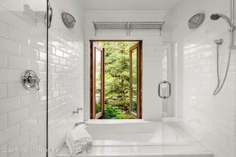 a bathroom with a shower and window