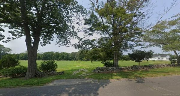 a view of a park with large trees