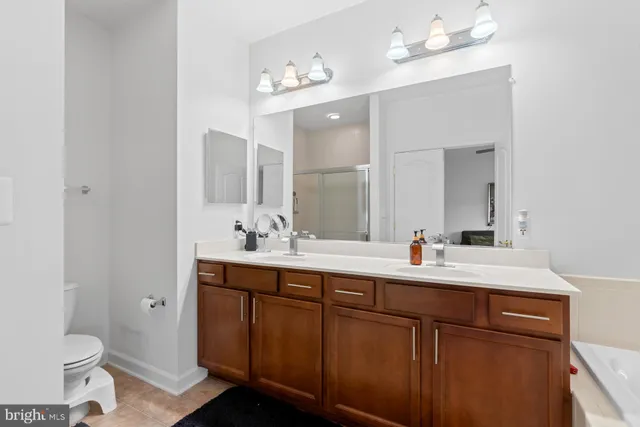 a bathroom with a double vanity sink toilet and a mirror