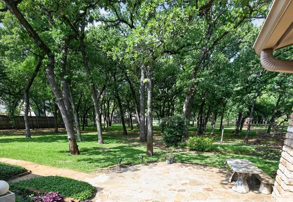 a garden with trees in the background
