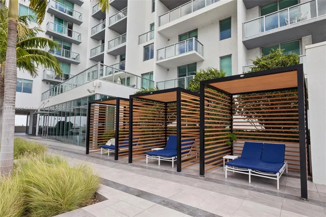 a view of a building with a bench