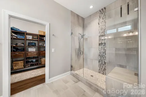 a bathroom with a shower and a toilet