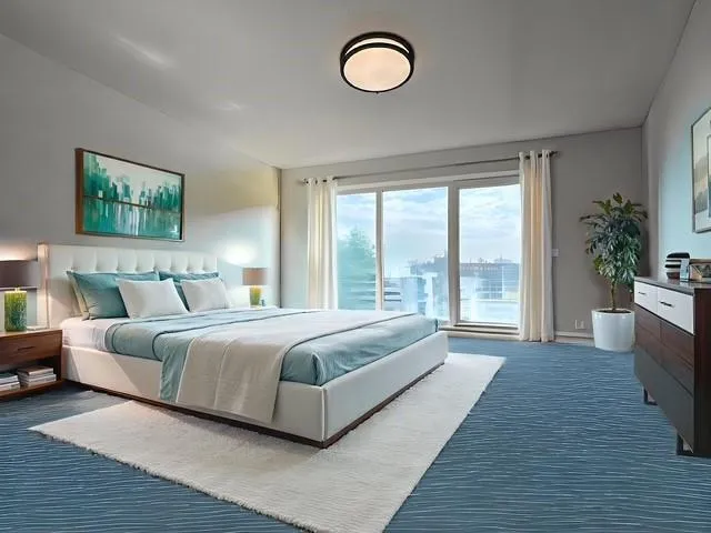 a spacious bedroom with a large bed and a large window