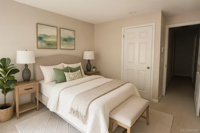 a bedroom with a bed and a lamp