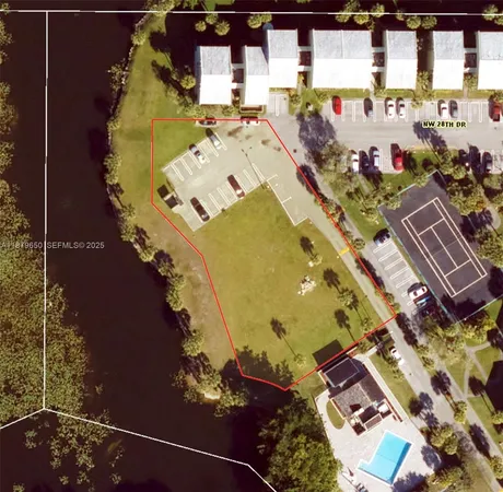 an aerial view of a highlighted house