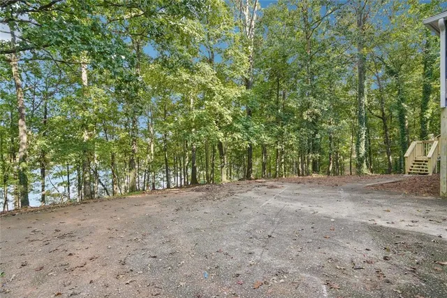 a view of a yard with large trees