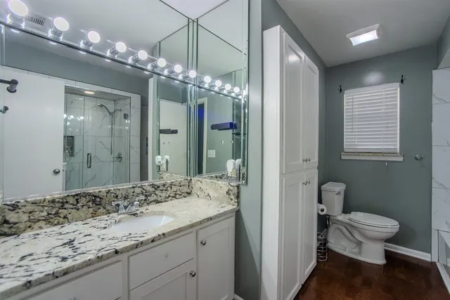 a bathroom with a granite countertop sink a toilet and shower
