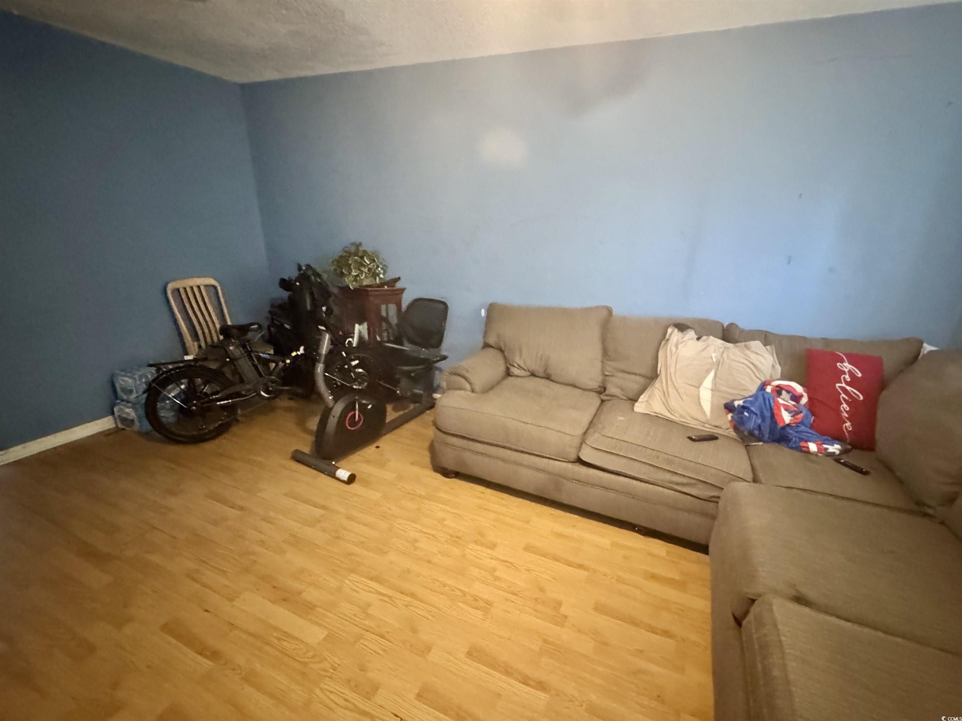 1207 Pinegrove Drive, Unit D Myrtle Beach, SC 29577 - Photo 6 of 16 Living area with a ceiling fan, a textured ceiling, and wood finished floors