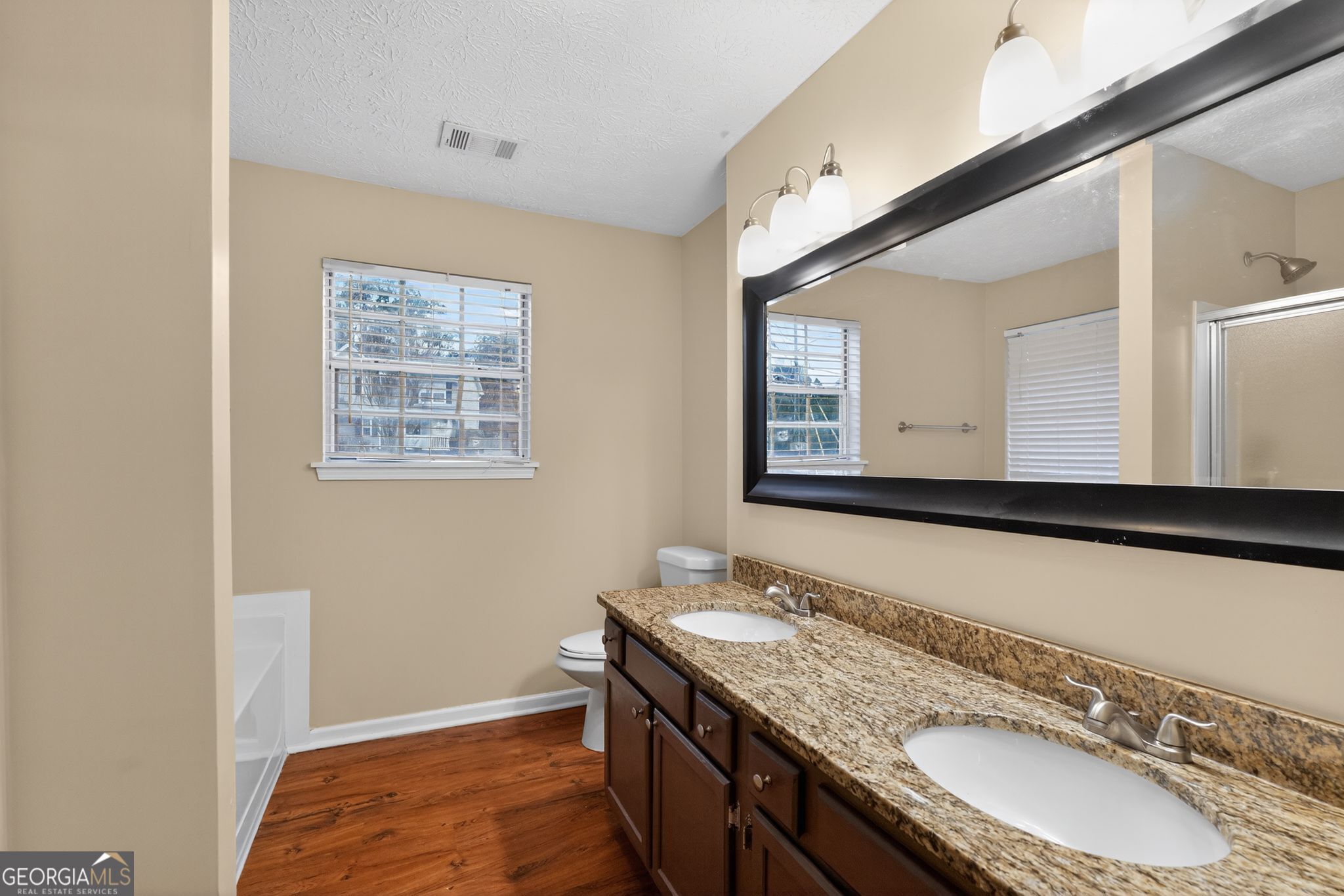 205 Whirlwind Court Atlanta, GA 30349 - Photo 24 of 32 a bathroom with a granite countertop double vanity sink and a mirror