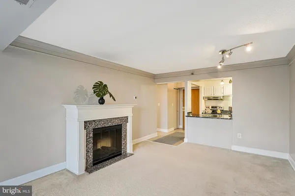 a view of an empty room with a fireplace