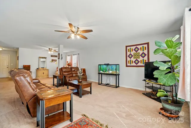 a living room with furniture a chandelier and a potted plant