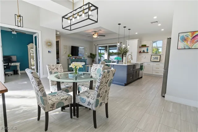 a view of a dining room with furniture