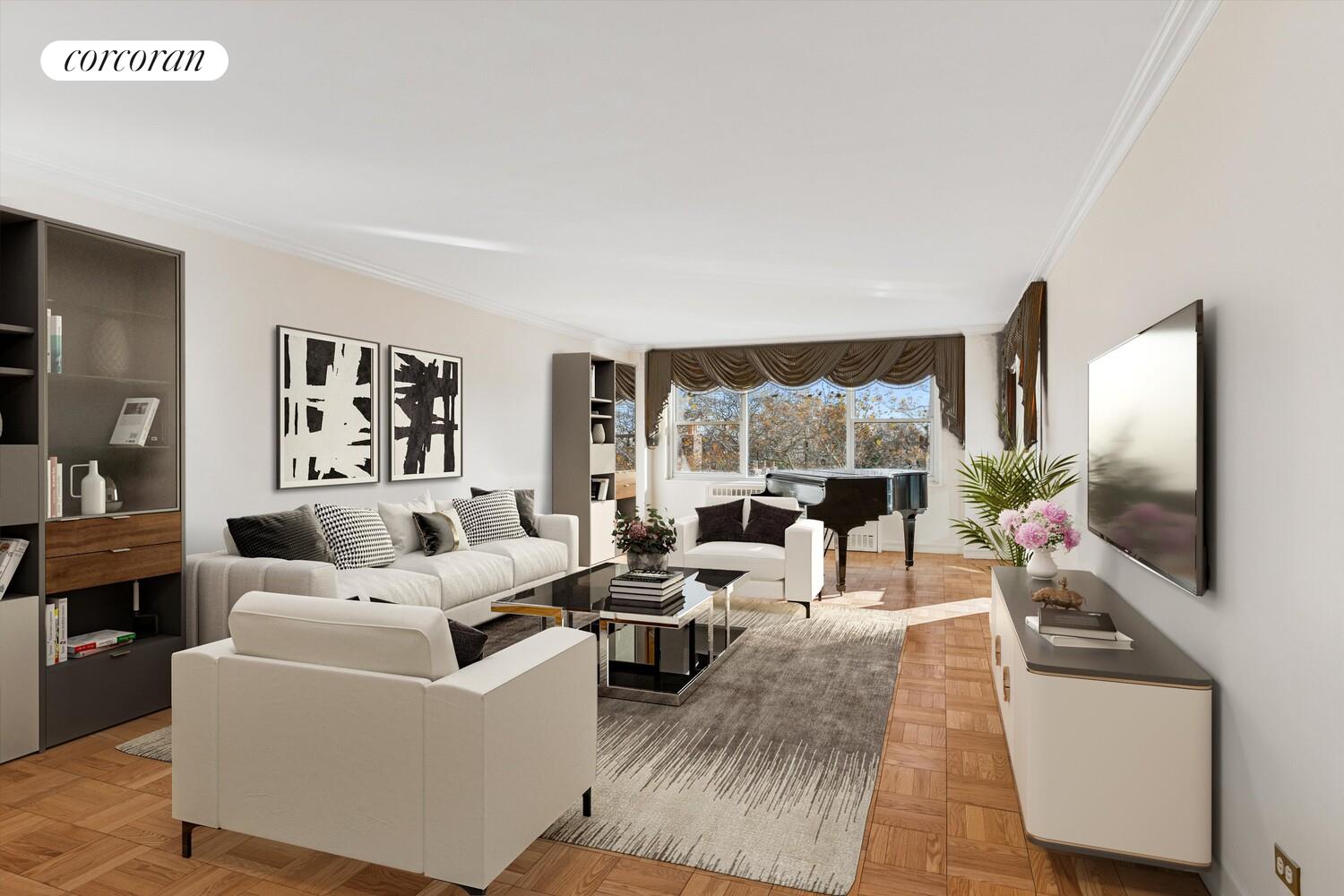 a living room with furniture large window and flat screen tv