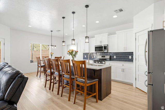 5963 Flattop Drive St. George, UT 84790 - Photo 11 of 45 Open-concept kitchen featuring white shaker cabinetry, stainless steel appliances, and a dark blue geometric tile backsplash
