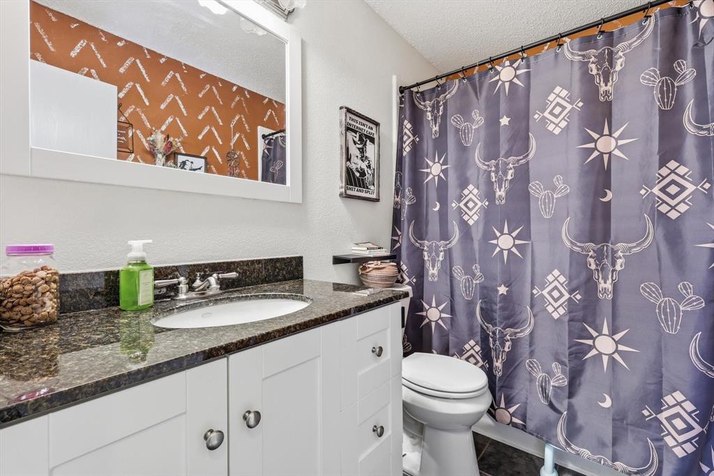 205 Comanche Trail Krum, TX 76249 - Photo 14 of 24 a bathroom with a granite countertop toilet sink and mirror