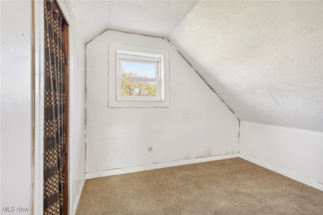 1733 Ronald Road Akron, OH 44312 - Photo 23 of 33 Additional living space featuring lofted ceiling, a textured ceiling, and carpet floors