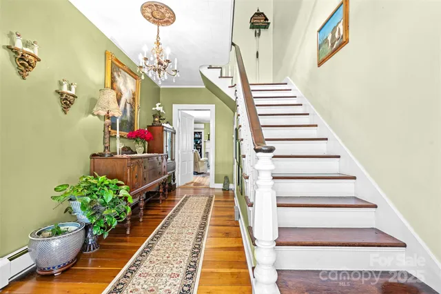 a view of a hallway with wooden floor and a potted plant