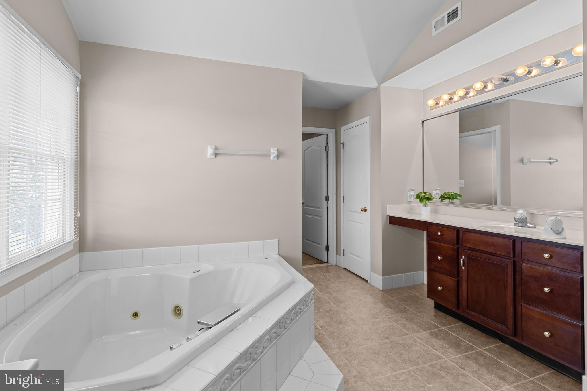 907 Mather Drive Bear, DE 19701 - Photo 64 of 80 a bathroom with a tub a double vanity sink and a mirror