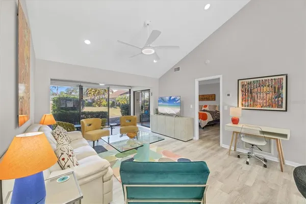 a view of a dining room with furniture