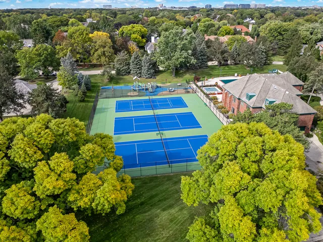 an aerial view of a residential houses with outdoor space and trees