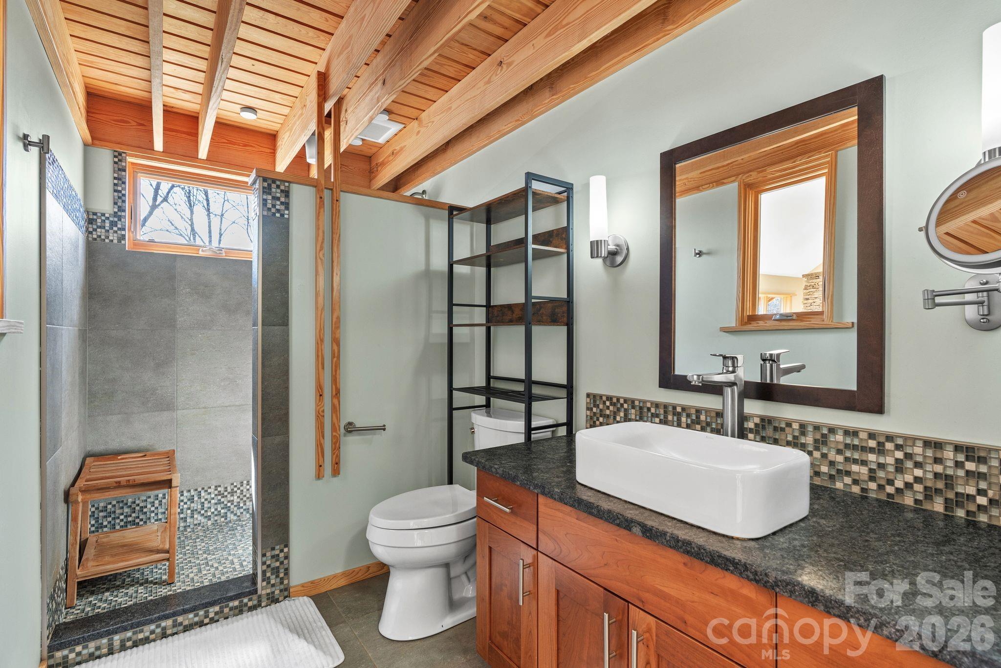 588 Long Branch Road Swannanoa, NC 28778 - Photo 27 of 46 a bathroom with a granite countertop sink toilet and shower