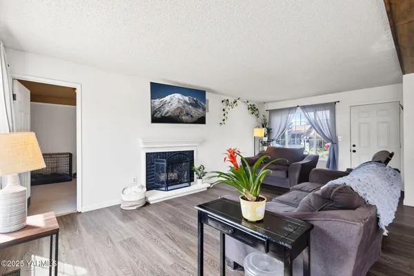 a living room with furniture a fireplace and a flat screen tv