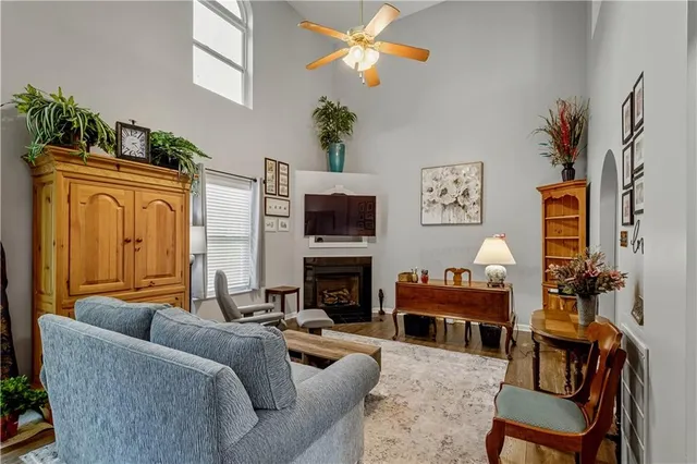 a living room with furniture a fireplace and a potted plant