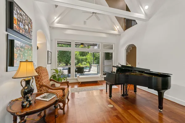 a living room with furniture and a table
