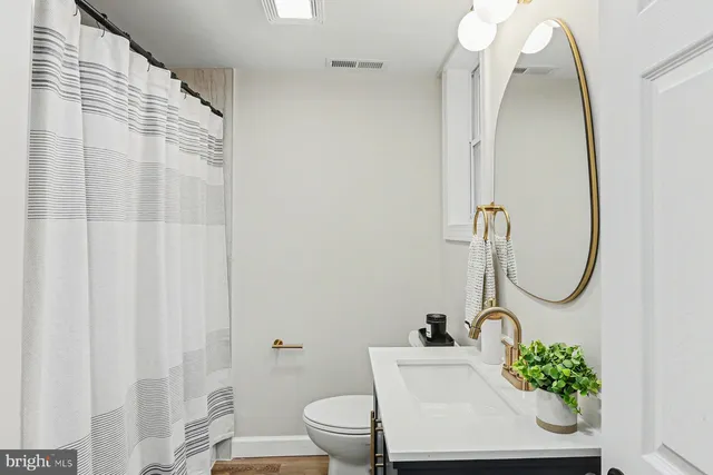 a bathroom with a sink a toilet and a mirror