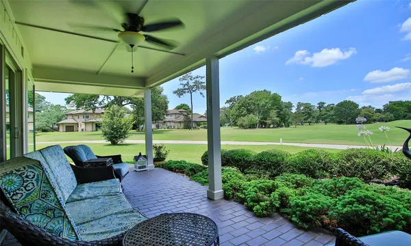 a garden view with a seating space