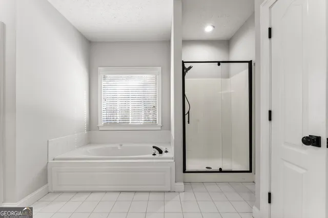 a bathroom with a bathtub and a shower