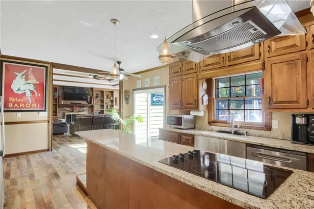 a living room with furniture a ceiling fan and a rug